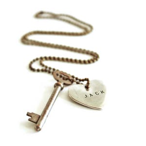 Word Key Necklace , vintage skeleton key necklace , key to my heart necklace silver heart necklace heart and key image 1
