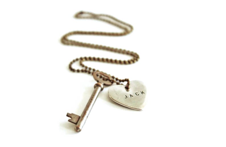 Word Key Necklace , vintage skeleton key necklace , key to my heart necklace silver heart necklace heart and key image 1