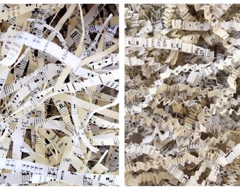 May include: A collection of shredded paper strips featuring printed musical notation and English text. The off-white paper pieces are cut into both straight and zigzag patterns, creating a dense, textured pile of decorative filler material.