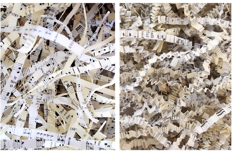 K&ouml;nnte beinhalten: Eine Ansammlung von geschredderten Papierstreifen mit aufgedruckten Noten und englischem Text. Die cremefarbenen Papierst&uuml;cke sind in geraden und gezackten Mustern geschnitten und bilden einen dichten, strukturierten Haufen aus F&uuml;llmaterial.