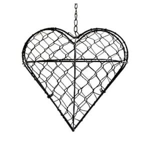 May include: Black wire heart-shaped hanging basket. The basket is constructed with a wire frame and a mesh interior. A chain is attached at the top for hanging. The heart shape is symmetrical and the basket is empty.