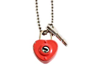 Vintage Red Heart Necklace - small lock and key, diary lock, padlock necklace, red lock