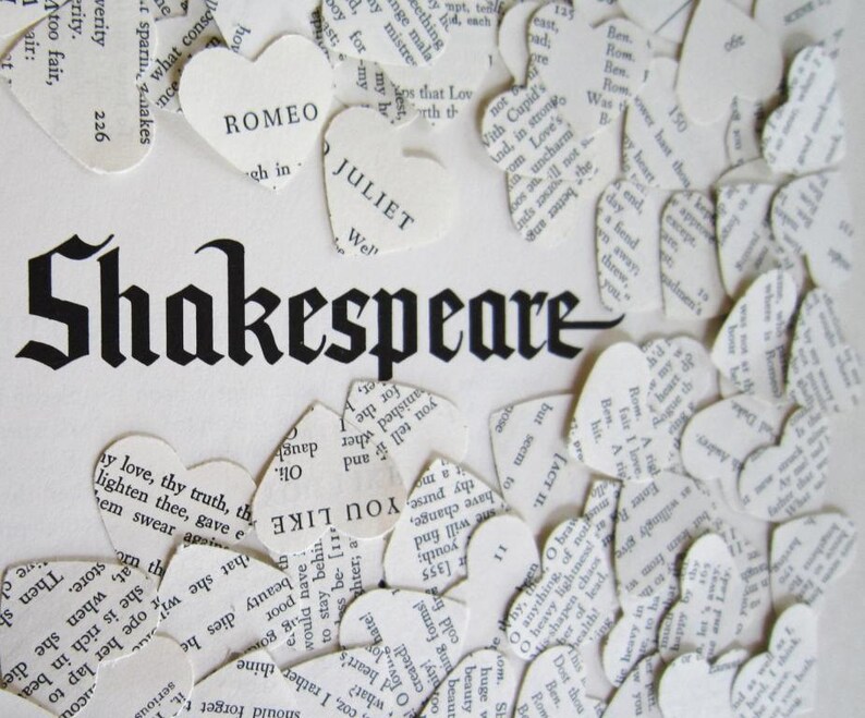100 Vintage Shakespeare Wedding Confetti,  vintage book confetti . paper heart confetti . vintage wedding decor