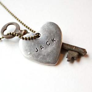 Word Key Necklace , vintage skeleton key necklace , key to my heart necklace silver heart necklace heart and key image 4