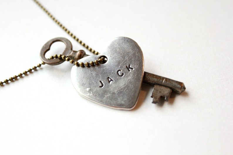 Word Key Necklace , vintage skeleton key necklace , key to my heart necklace silver heart necklace heart and key image 4