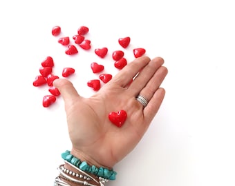 Mini Hearts , small glass hearts , red hearts , mini valentine heart , pocket hearts , heart tokens