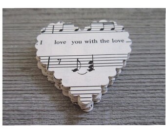 Vintage Wedding Decor , Music Paper Hearts , scalloped hearts , paper valentine scallop heart