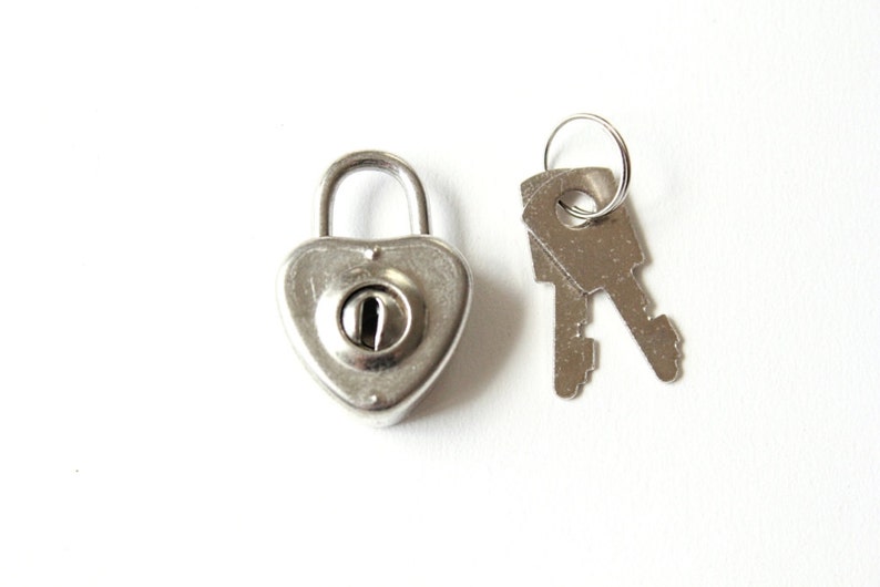 Small Heart Lock and Keys heart padlock and key . mini lock silver . heart shaped lock . diary lock . journal lock . mini padlock image 1