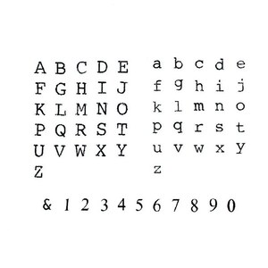 May include: A black typewriter font character set featuring uppercase letters A through Z, lowercase letters a through z, the ampersand symbol, and numerals 0 through 9 arranged in a grid format on a plain white background for clear visibility.