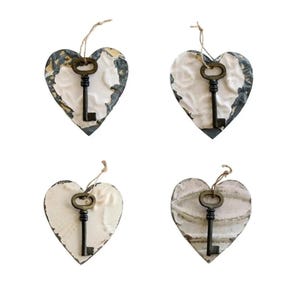 Key to My Heart , tin ceiling tiles , chippy ornaments , vintage ceiling tile heart , rustic wedding decor chippy paint tin heart