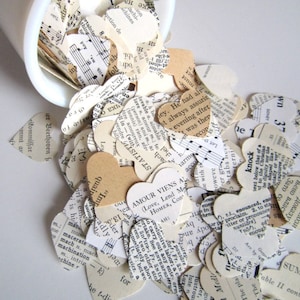 Romantic Heart Confetti / vintage wedding decor . paper hearts old book pages