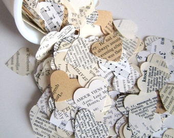 Romantic Heart Confetti / vintage wedding decor . paper hearts old book pages