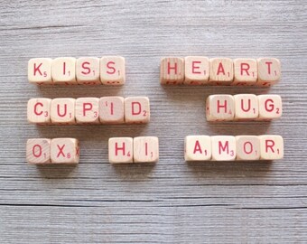 Vintage Letter Cubes - word art , xoxo, kiss, amor, heart, hi, cupid, hug, wooden letters