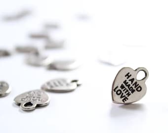 Hand Made with Love tags , wedding favor tags , heart charms , made with love , metal heart tags , sewing tags charms
