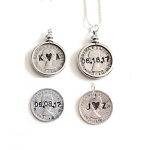 Personalized Sixpence , wedding sixpence , six pence , something old new borrowed blue , love token sixpence custom wedding charm image 1