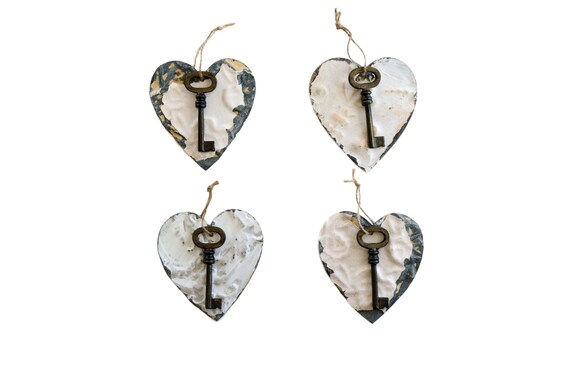 Art Collectibles Mixed Media Collage Tin Heart Key To My Heart Galvanized Metal Heart Ornament Large Key Decor Heart And Key Ornament