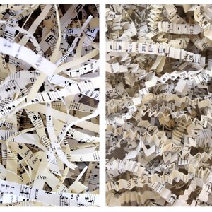 Shredded paper made from old hymnals. The paper is a mix of ivory and cream colors.