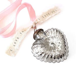 Mercury Glass Heart Ornament, mercury glass wedding decor vintage, romantic wedding, silver heart image 1