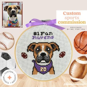 CUSTOM Stitched Commission - Pet Sports Cross Stitch Framed Portrait - Handmade Gift - Football, Basketball, Baseball, Soccer, Tennis
