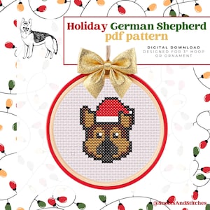 Holiday Christmas Ornament - German Shepherd with Santa Hat - Cross Stitch Pattern - Digital PDF Download
