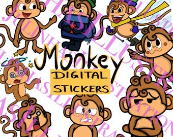 Kawaii Monkey Stickers: Clipart PNG for Planner, Scrapbook (Digital Download)