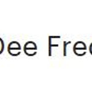 May include: The image displays the text "Dee Fred ART" in a simple font. A circular graphic on the left shows a stylized figure wearing a crown, with arms outstretched. The background is dark, creating a contrast with the white figure.