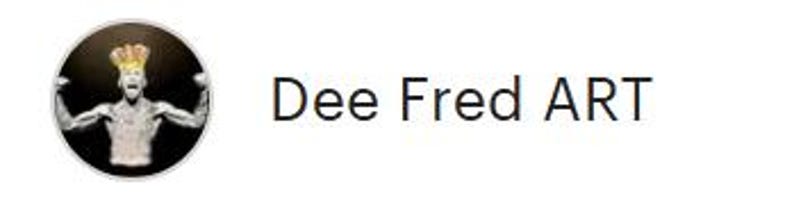 May include: The image displays the text "Dee Fred ART" in a simple font. A circular graphic on the left shows a stylized figure wearing a crown, with arms outstretched. The background is dark, creating a contrast with the white figure.