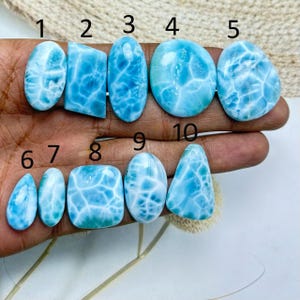 Può includere: Una collezione di dieci pietre preziose di larimar lucidate in varie forme, tra cui ovali, rettangolari e a goccia. Le pietre mostrano un colore azzurro chiaro con motivi marmorizzati bianchi, che ricordano le onde dell'oceano. Le pietre preziose sono esposte su uno sfondo neutro.