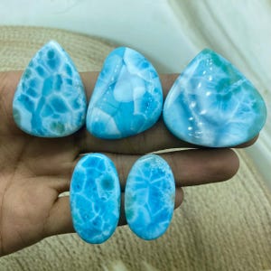 Pu&ograve; includere: Cinque pietre preziose di larimar lucidate in varie forme: a goccia, ovale e irregolare. Le pietre mostrano un sorprendente motivo blu e bianco, che ricorda le onde dell'oceano. Le pietre preziose sono tenute in una mano, mostrando la loro bellezza naturale.