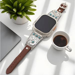 Vintage Turquoise Leather Metal Strap with Silver Flower, Compatible with Apple Watch Ultra SE Series 10 9 8 7 6 5 4 3 2 1