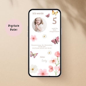 Children&#39;s birthday invitation, digital invitation card flowers and butterflies, e-card invitation for WhatsApp birthday, template Canva
