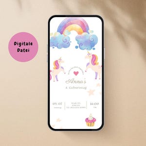 Children&#39;s birthday invitation, digital unicorn invitation card, e-card WhatsApp birthday invitation, Canva template