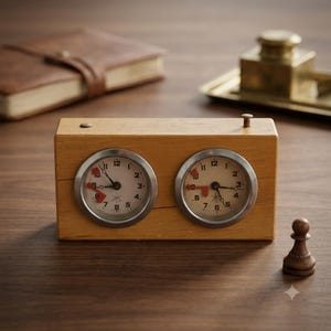 May include: A rectangular wooden chess clock featuring two analog clock faces with silver-toned bezels, white dials, black numerals, and red indicator hands. The device includes two top-mounted buttons for controlling the timing mechanism.
