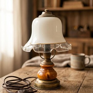May include: A table lamp featuring a bell-shaped white glass shade with a ruffled clear glass edge. The base is constructed from a polished brass metal stand and a smooth, rounded amber-colored wooden section. A brown electrical cord is attached.