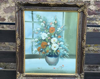Dipinto ad olio, natura morta floreale, vaso, cornice vintage decorata, dipinto a mano, olio su tela
