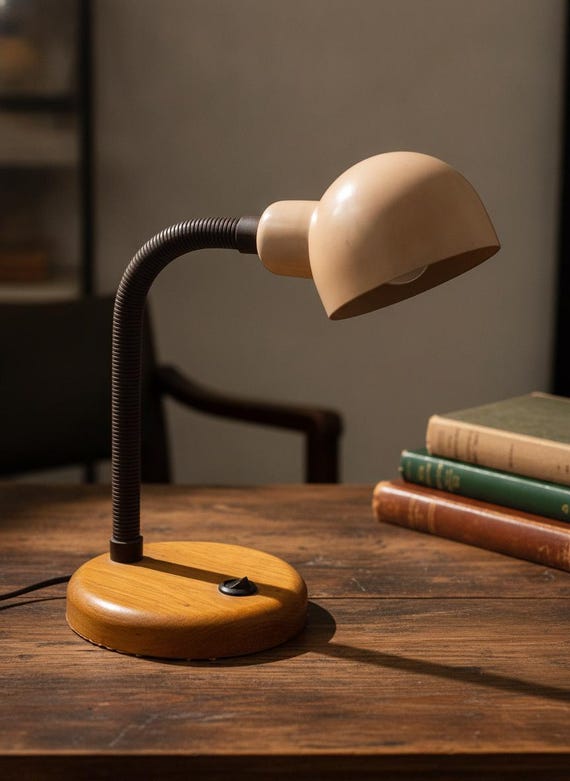 Vintage MCM Goose Neck Desk Lamp | Hillebrand Germany, Wood Base, Beige Shade