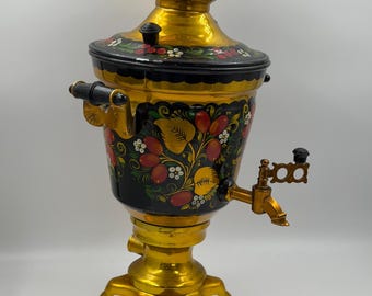 Antique Russian samovar – 3 liters – electric – gold/black with floral painter