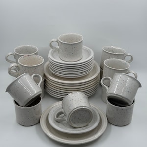 Può includere: Una collezione di stoviglie in ceramica bianca maculata, tra cui tazze, piattini e piatti. Le tazze hanno manici e sono impilate con i piatti e i piattini. Il set è disposto su uno sfondo bianco.