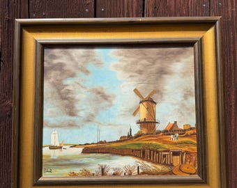 Vintage Gemälde „Windmühle an der Küste“ – Signiert Ebert (Heidelberg Goldrahmen