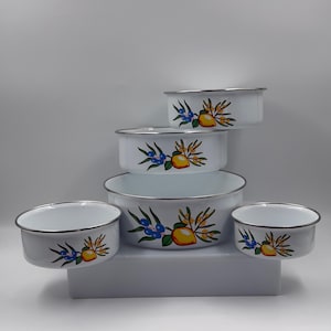 Juego de 5 cuencos esmaltados, blancos con decoración de limones, estilo vintage, apilables.