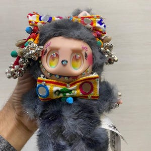 Custom Labubu Plush Doll – Handmade Fantasy Kawaii Toy with Rainbow Eyes Jewel Face, Colorful Bow & Bells – Collectible Art Plush - Labubu
