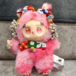 Labubu Plush Doll, Handmade Kawaii Art Toy with Colorful Bow-Gemstone Accents, Soft Fantasy Collectible, Embroidered Bowtie & Beaded Details