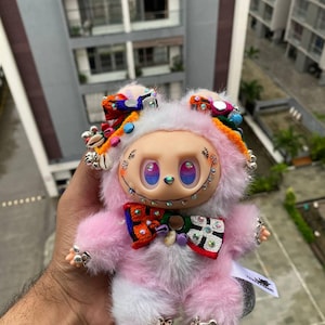 Hand-Painted Labubu Plush Art Doll: Fantasy Collectible with Gemstone Accents