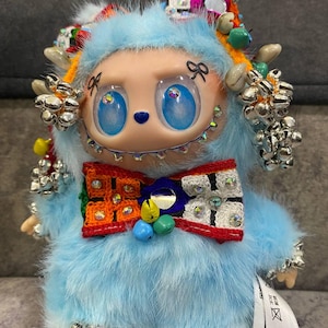 Labubu Plush Doll, Handmade Kawaii Art Toy, Colorful Boho Fantasy Collectible, Soft Gift Idea with Embroidered Bowtie & Gemstone Accents