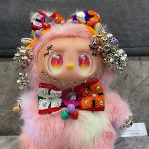 Labubu Plush Doll, Handmade Kawaii Art Toy with Colorful Beads, Gems-Glitter, Soft Boho Fantasy Collectible, Embroidered Bowtie & Accents