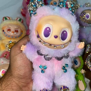 Custom Diamond Labubu Plush Toy – Handmade Fantasy Creature with Iridescent Ears, Crystal Gems, Pastel Furry Suit, Kawaii Collectible Gift