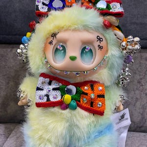 Labubu Plush Doll, Handmade Kawaii Art Toy, Colorful Boho Fantasy Collectible, Soft Gift Idea, Embroidered Bowtie & Gemstone Accents