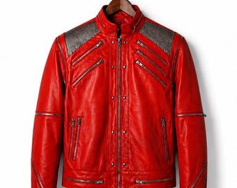 Handmade Men's Michael J Pop Star Red Beat It Style Leather Jacket – Vintage 80s Biker Jacket, Concert Costume, Iconic Dance Outfit