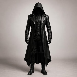 Könnte beinhalten: Ein schwarzer Ledermantel mit Kapuze, getragen über einer passenden Weste, einem Hemd und einer Hose. Das Ensemble umfasst schwarze Lederhandschuhe und schwarze Lederstiefel. Der Mantel hat ein langes, strukturiertes Design mit spitzem Saum.