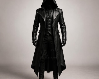 May include: A black leather trench coat with a hood, worn over a matching button-up vest, shirt, and trousers. The ensemble includes black leather gloves and black leather boots. The coat features a long, structured design with a pointed hemline.